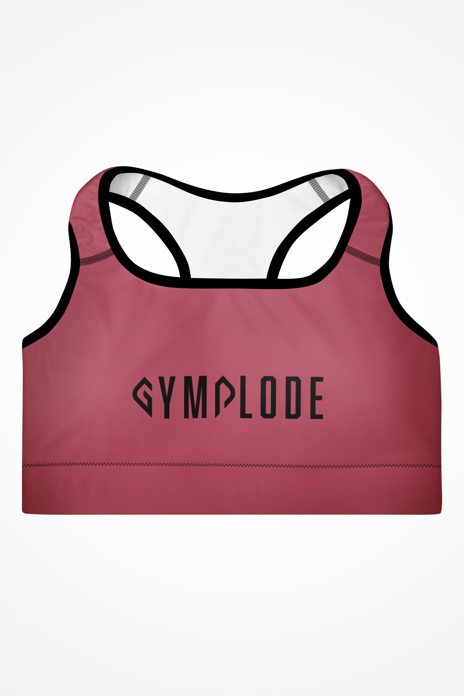 Womens rose pink with black stitch Gymplode padded sports bra with signature logo, front view