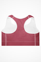 Womens rose pink with white stitch Gymplode padded sports bra with no print, back view
