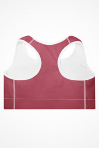 Womens rose pink with white stitch Gymplode padded sports bra with no print, back view