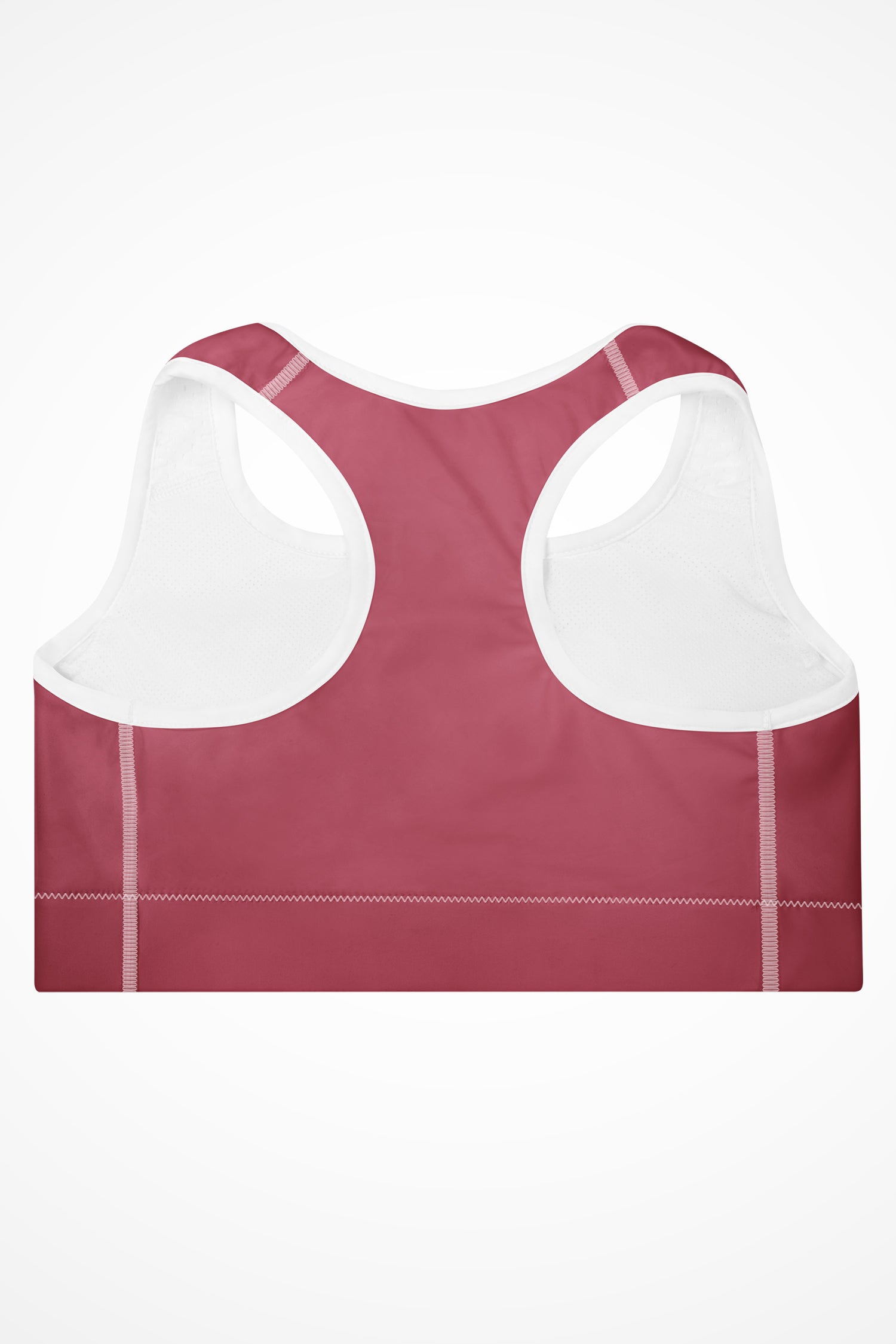 Womens rose pink with white stitch Gymplode padded sports bra with no print, back view