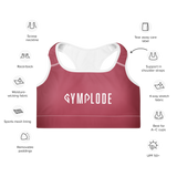Womens rose pink with white stitch Gymplode padded sports bra key features