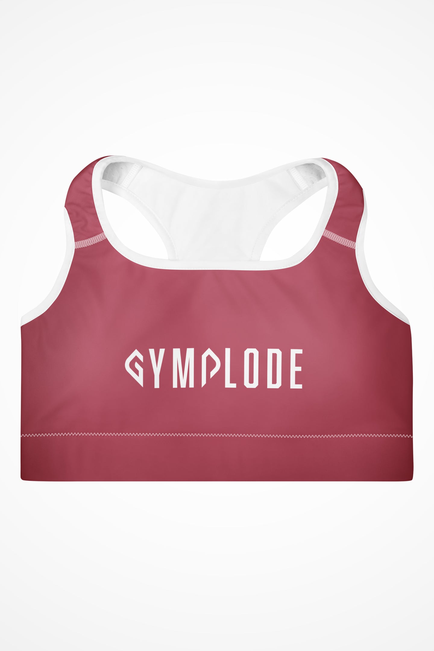 Womens rose pink with white stitch Gymplode padded sports bra with signature logo, front view