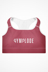 Womens rose pink with white stitch Gymplode padded sports bra with signature logo, front view