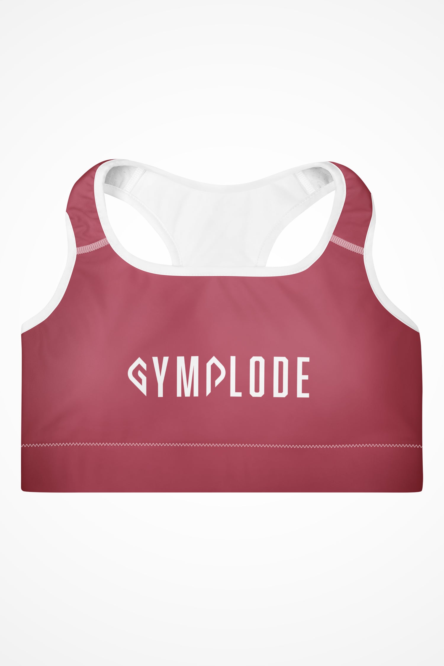 Womens rose pink with white stitch Gymplode padded sports bra with signature logo, front view