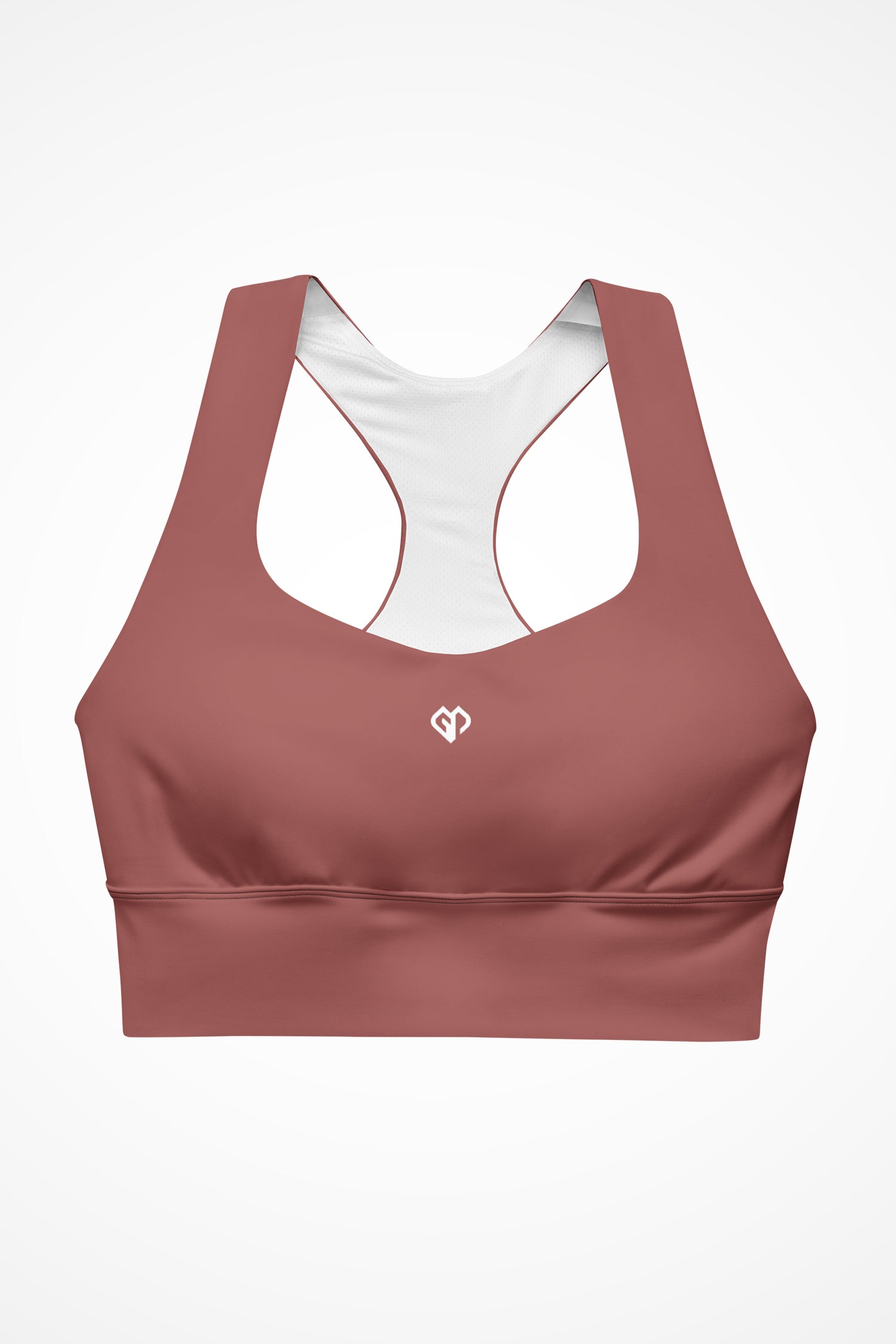 Womens rust clay longline sports bra with Gymplode icon logo, front view