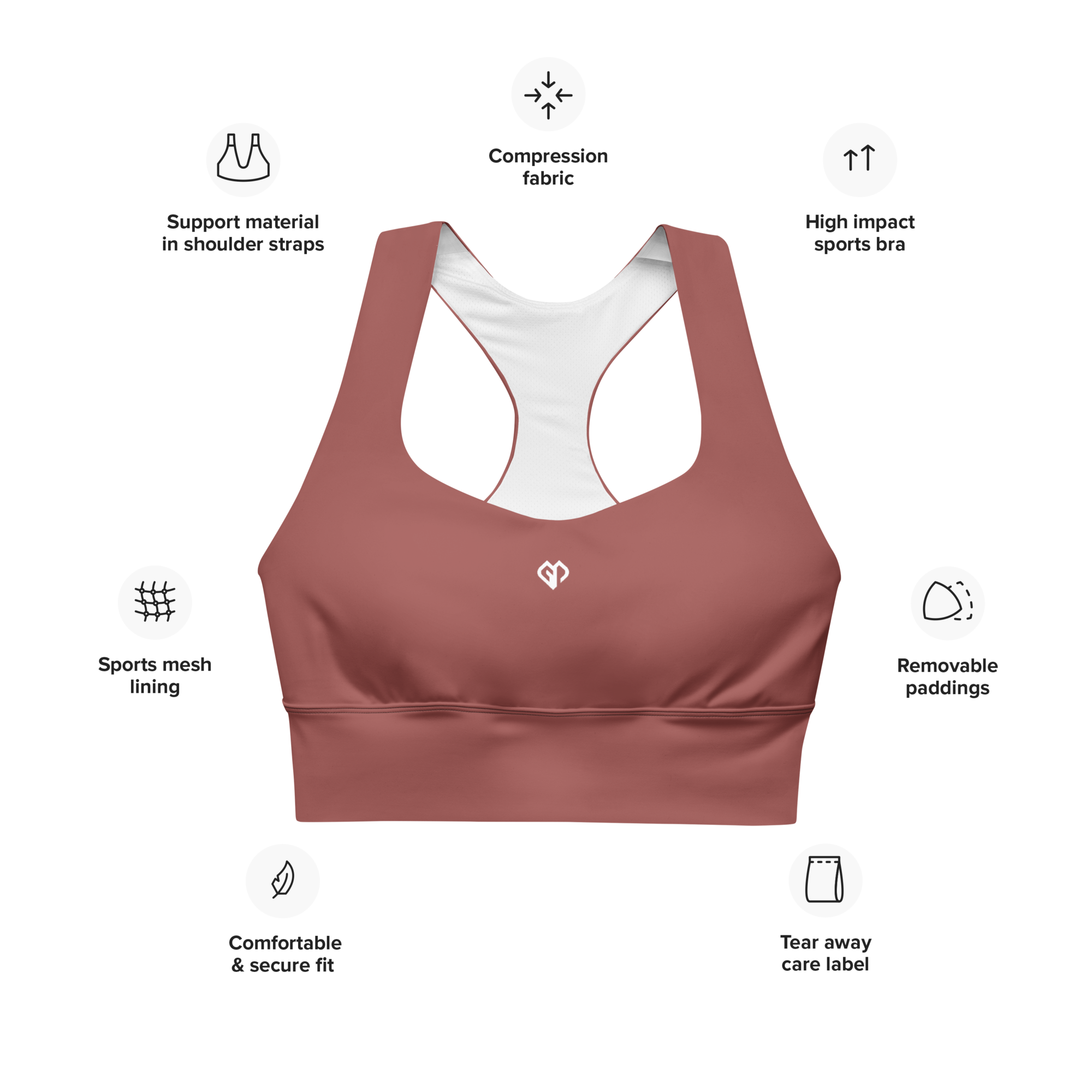 Womens rust clay Gymplode longline sports bra key features