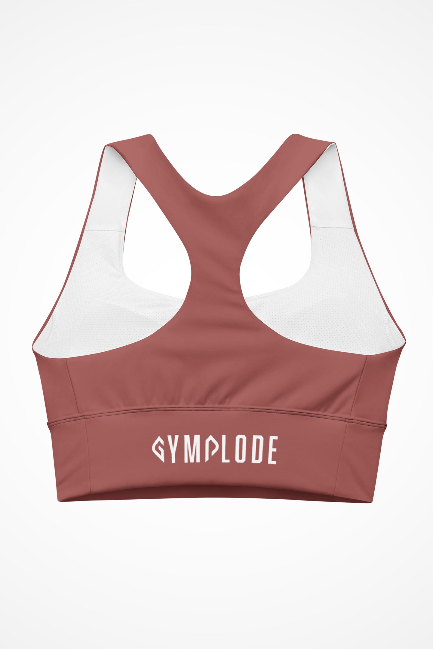Womens rust clay longline sports bra with Gymplode signature logo, back view