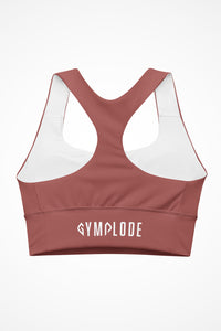 Womens rust clay longline sports bra with Gymplode signature logo, back view