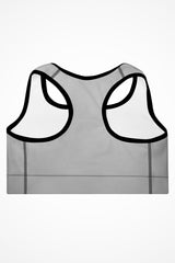 Womens silver grey with black stitch Gymplode padded sports bra with no print, back view