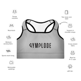Womens silver grey with black stitch Gymplode padded sports bra key features