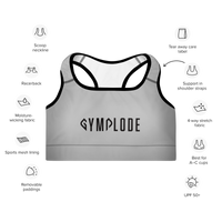 Womens silver grey with black stitch Gymplode padded sports bra key features