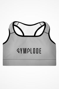 Womens silver grey with black stitch Gymplode padded sports bra with signature logo, front view