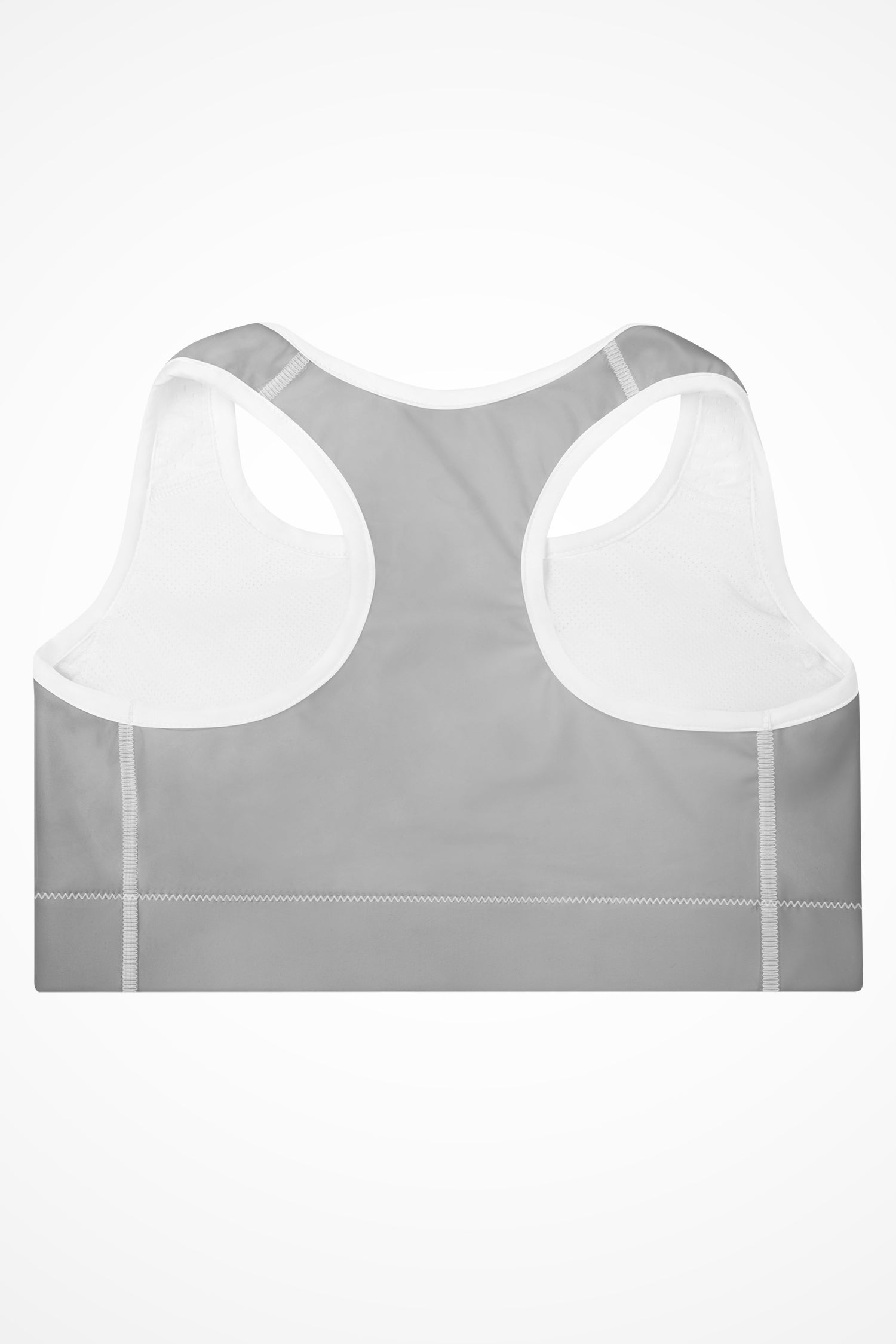 Womens silver grey with white stitch Gymplode padded sports bra with no print, back view