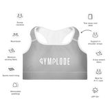 Womens silver grey with white stitch Gymplode padded sports bra key features