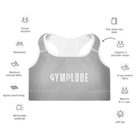 Womens silver grey with white stitch Gymplode padded sports bra key features