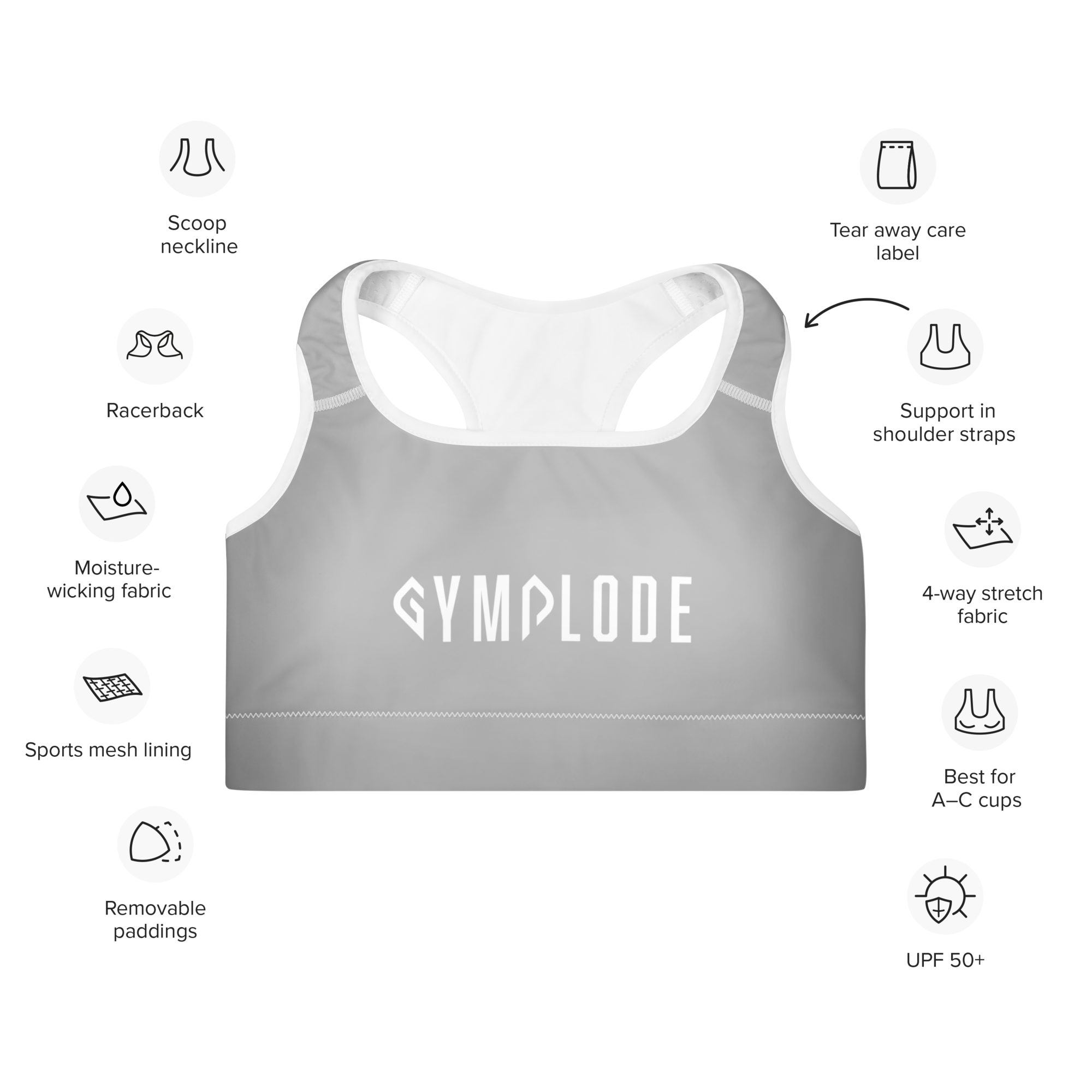 Womens silver grey with white stitch Gymplode padded sports bra key features