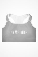 Womens silver grey with white stitch Gymplode padded sports bra with signature logo, front view