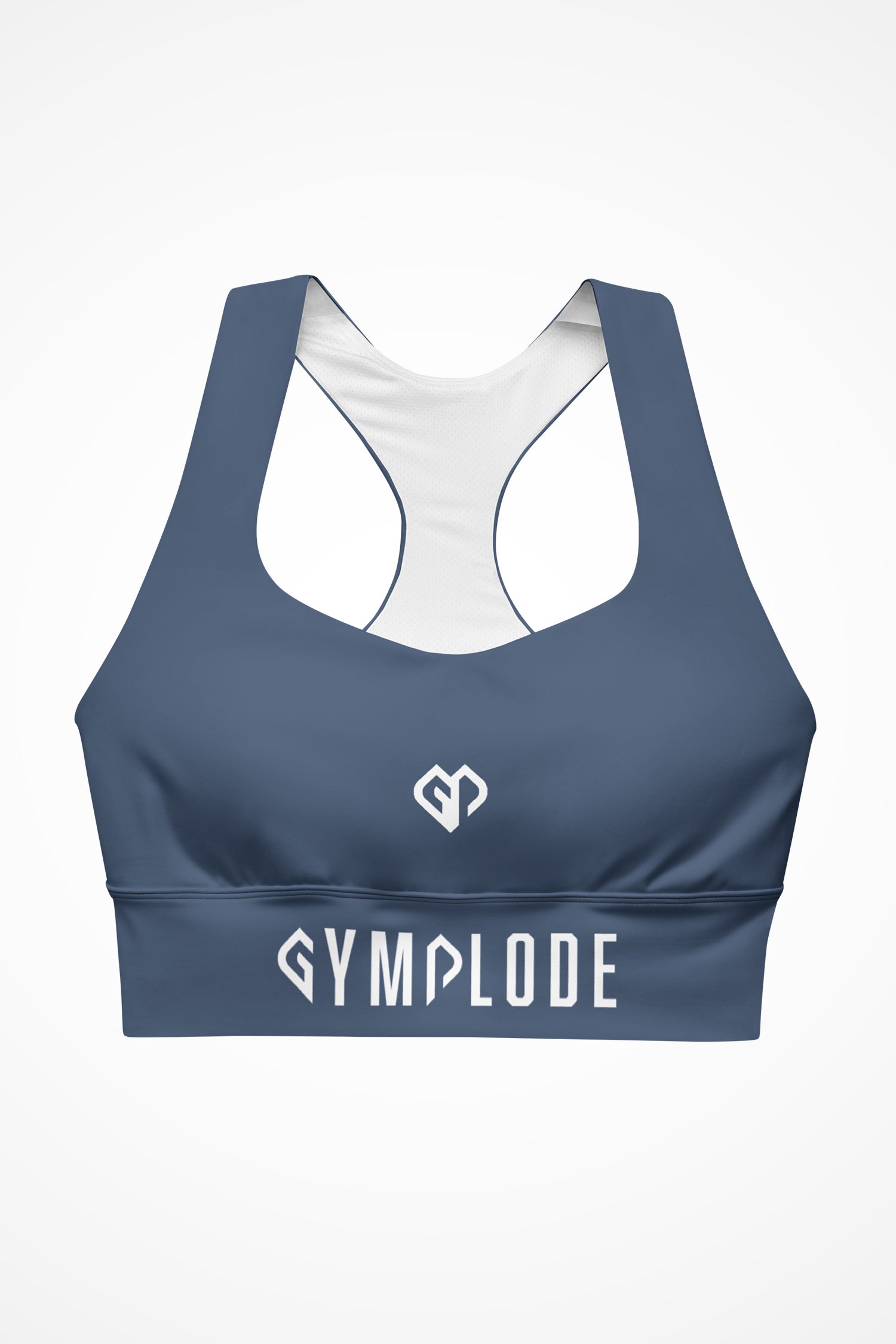 Womens slate blue longline sports bra with Gymplode dual mark logo, front view