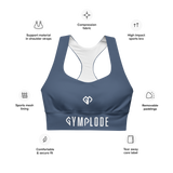 Womens slate blue Gymplode longline sports bra key features