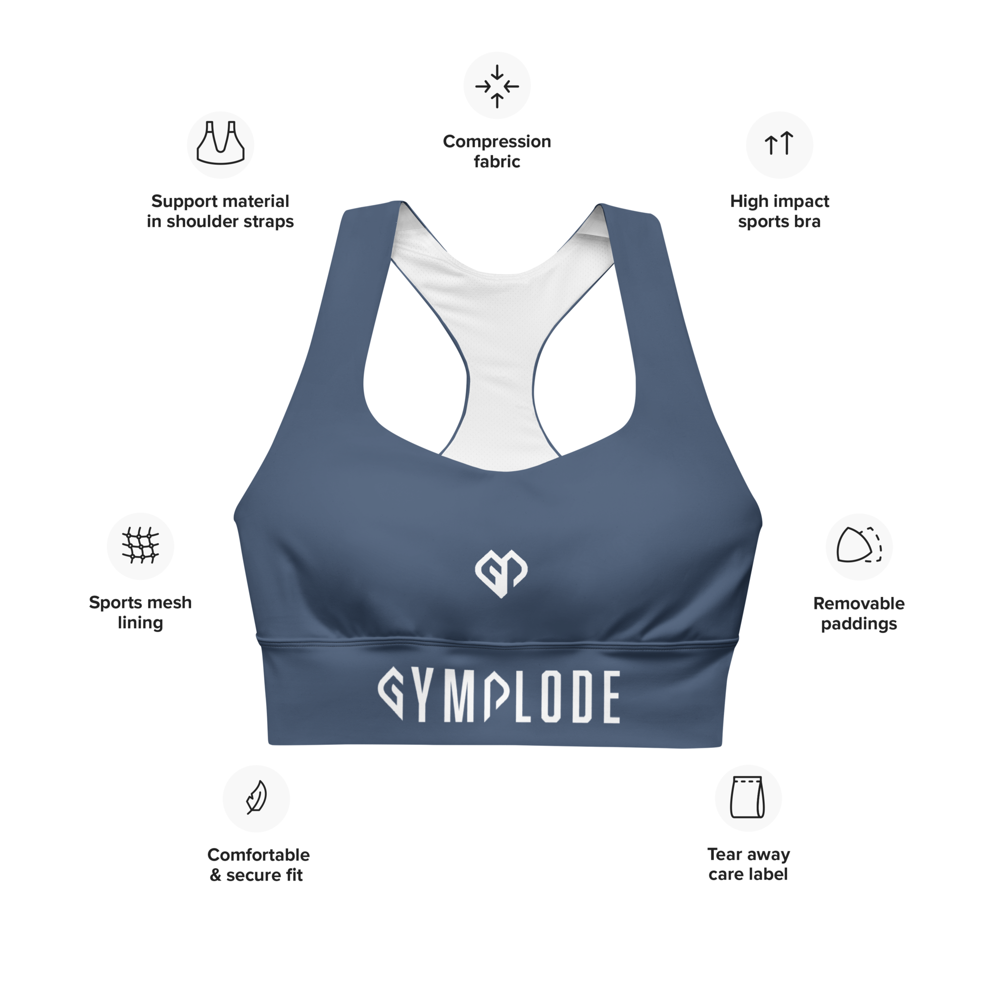 Womens slate blue Gymplode longline sports bra key features