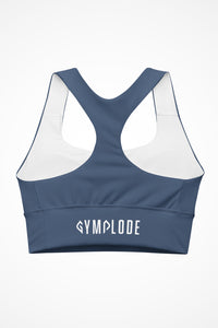 Womens slate blue longline sports bra with Gymplode signature logo, back view