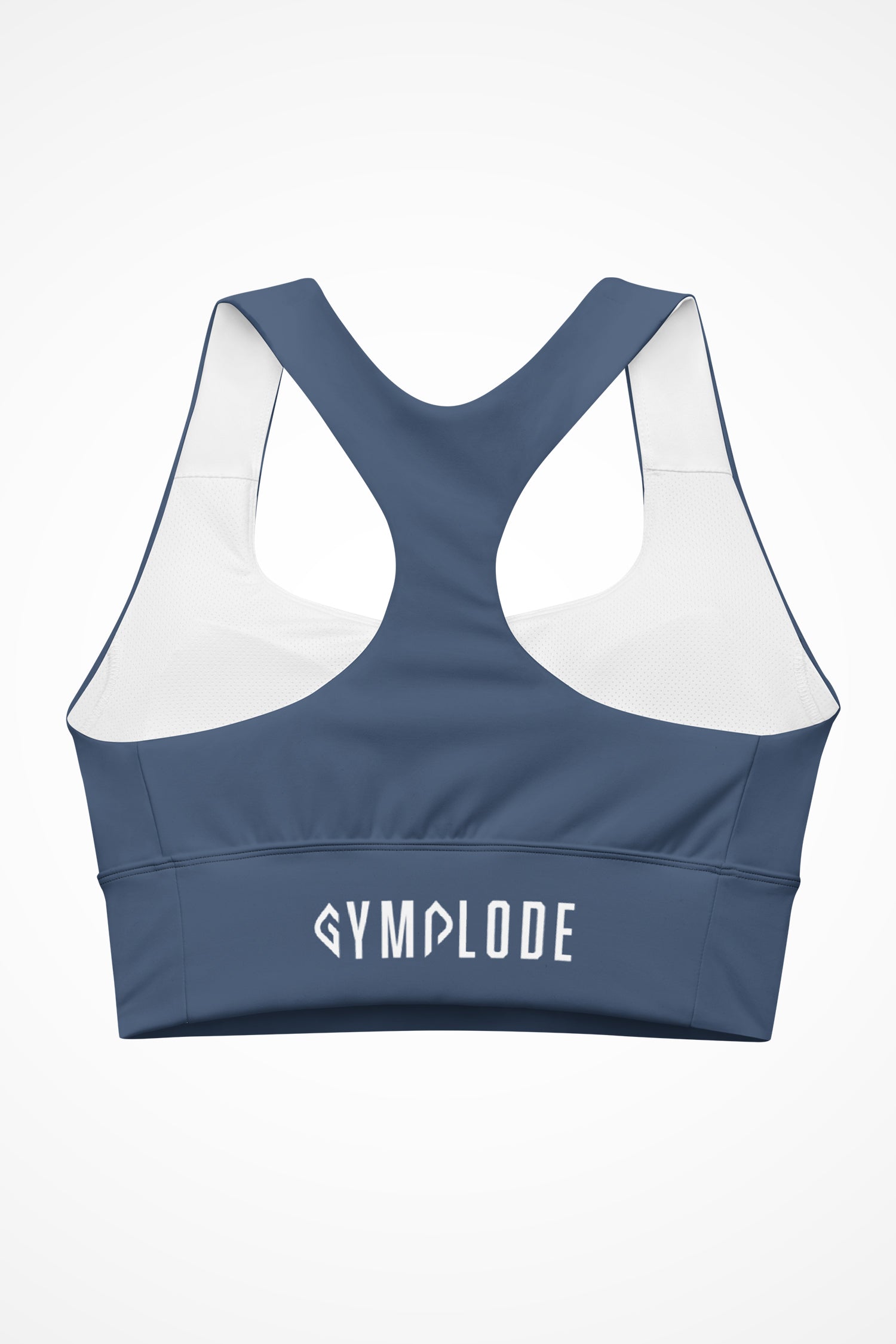 Womens slate blue longline sports bra with Gymplode signature logo, back view