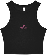 Womens solid black blend Stretchy Fit Micro Rib Racer tank top with Gymplode dual mark