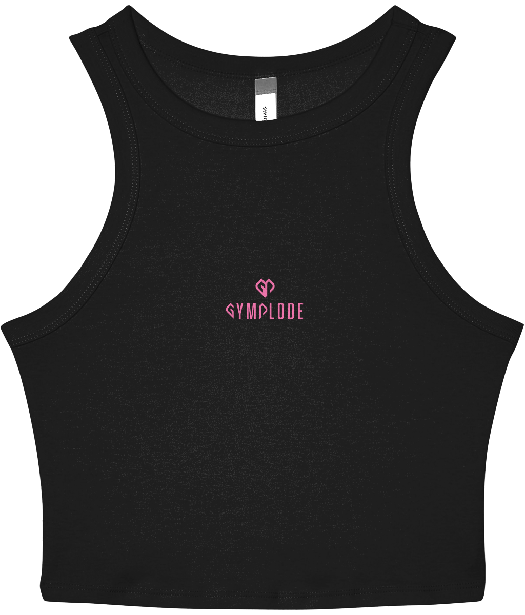 Womens solid black blend Stretchy Fit Micro Rib Racer tank top with Gymplode dual mark