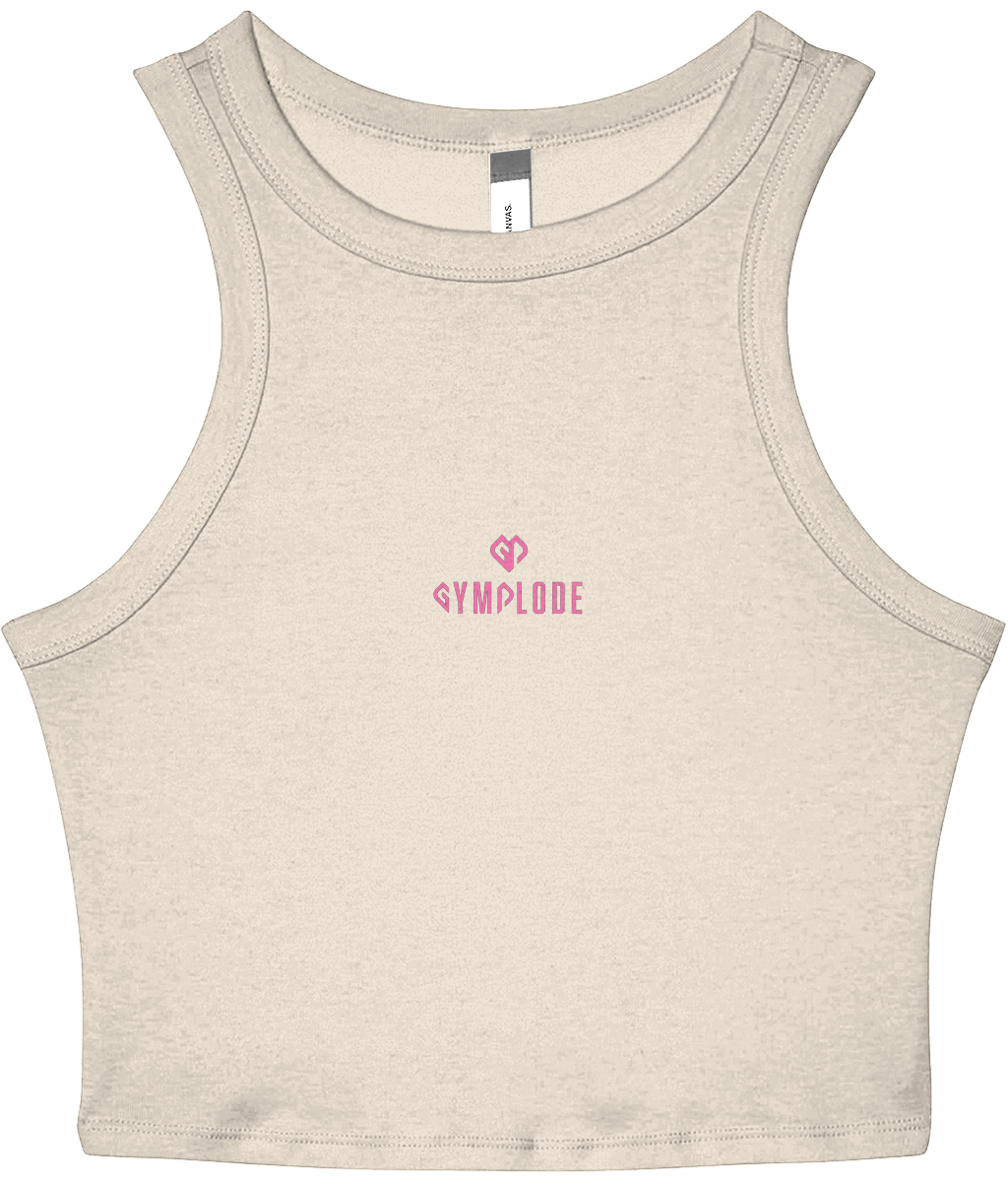 Womens solid natural blend Stretchy Fit Micro Rib Racer tank top with Gymplode dual mark