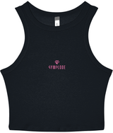 Womens solid navy blend Stretchy Fit Micro Rib Racer tank top with Gymplode dual mark