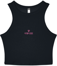 Womens solid navy blend Stretchy Fit Micro Rib Racer tank top with Gymplode dual mark