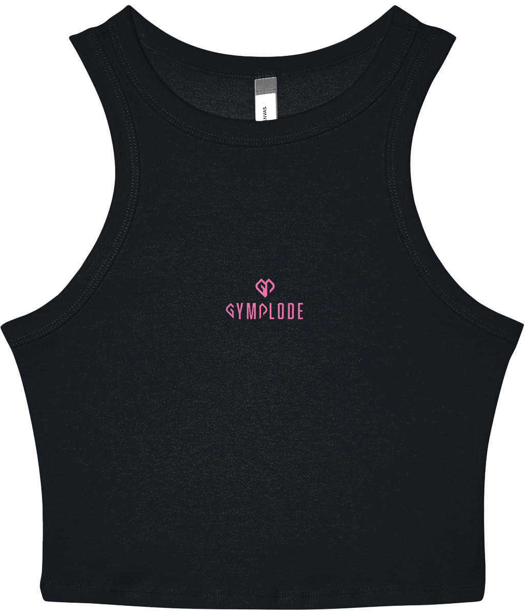 Womens solid navy blend Stretchy Fit Micro Rib Racer tank top with Gymplode dual mark