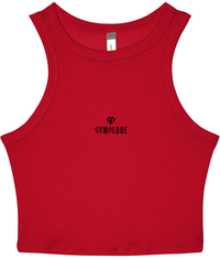 Womens solid red blend Stretchy Fit Micro Rib Racer tank top with Gymplode dual mark