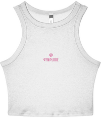 Womens solid white blend Stretchy Fit Micro Rib Racer tank top with Gymplode dual mark