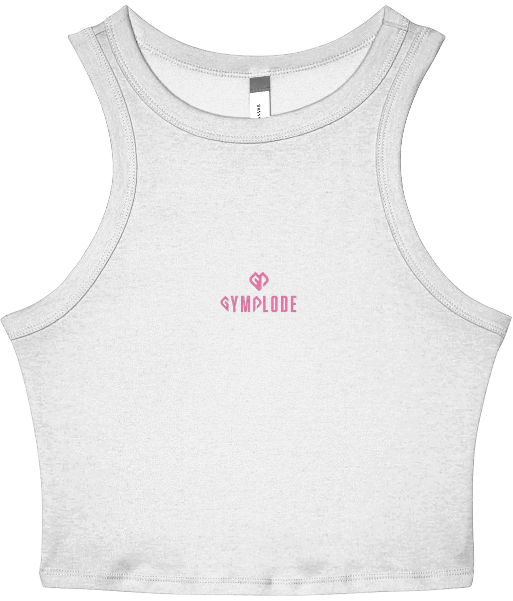 Womens solid white blend Stretchy Fit Micro Rib Racer tank top with Gymplode dual mark