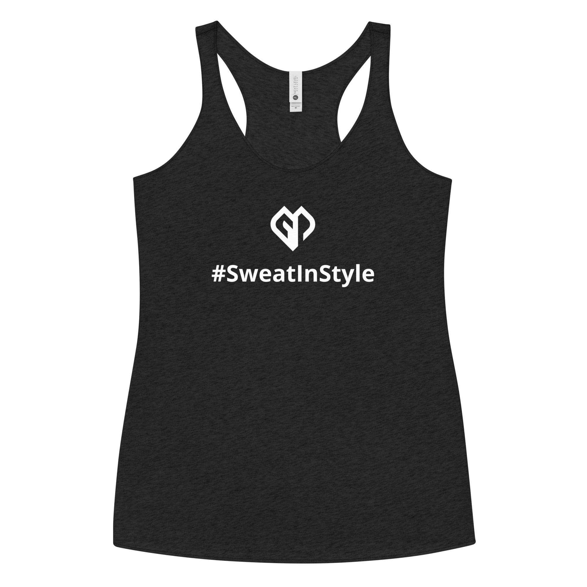 Womens vintage black Sweat in Style racerback tank top with Gymplode icon logo