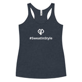 Womens vintage navy Sweat in Style racerback tank top with Gymplode icon logo
