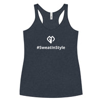 Womens vintage navy Sweat in Style racerback tank top with Gymplode icon logo