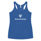 Womens vintage royal Sweat in Style racerback tank top with Gymplode icon logo