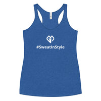 Womens vintage royal Sweat in Style racerback tank top with Gymplode icon logo