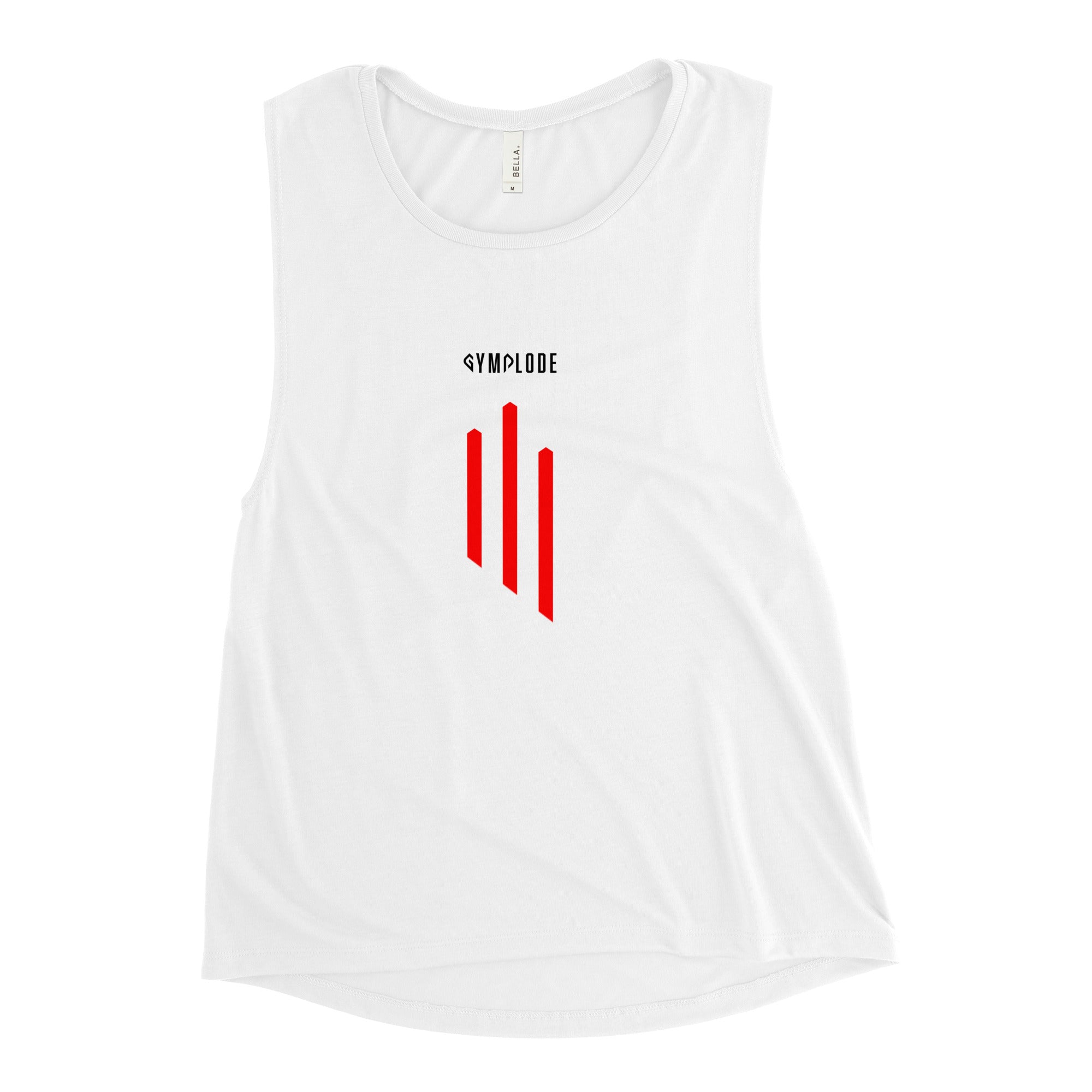 Womens white GS3 relaxed fit tank top with Gymplode signature logo, front view