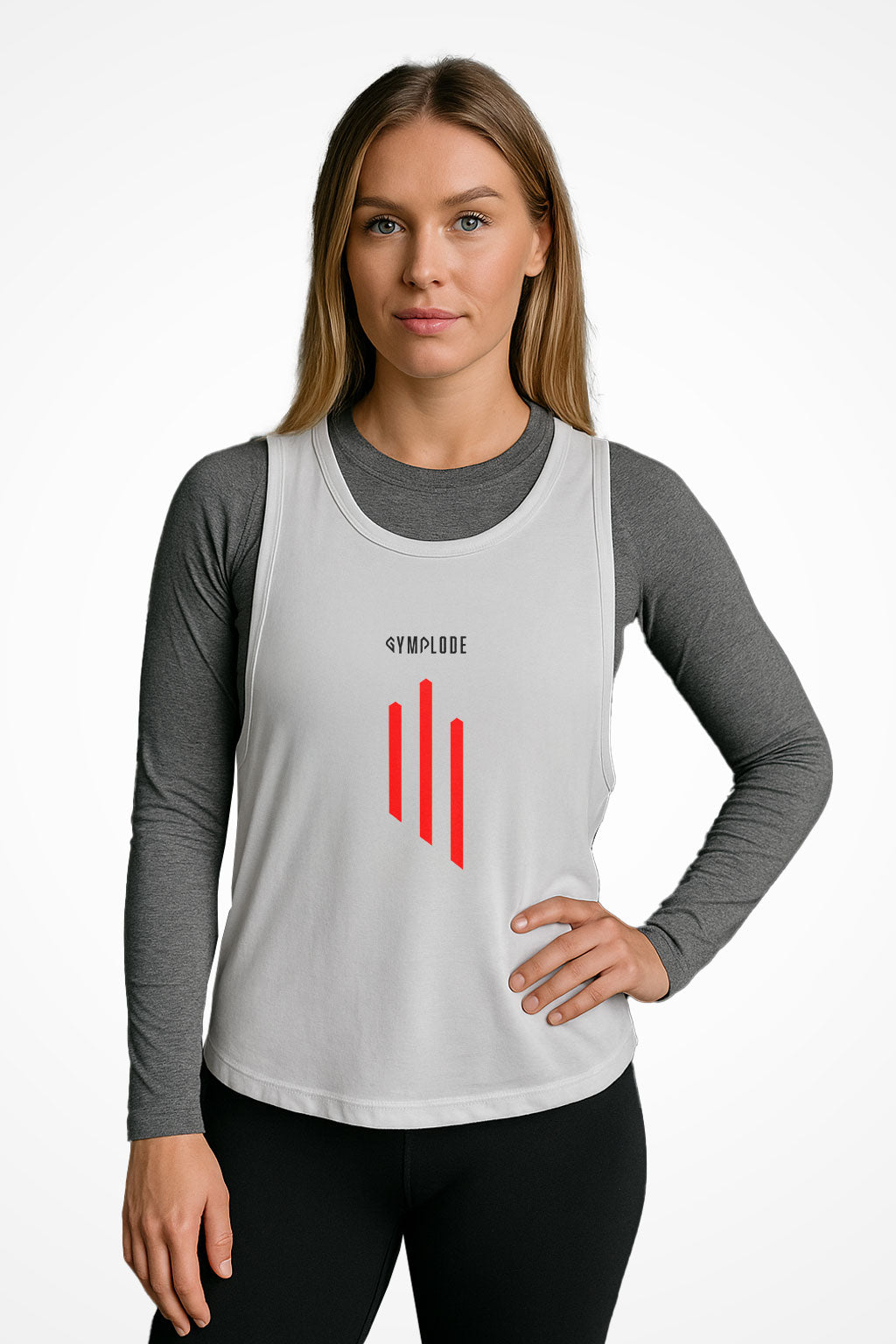 Womens white GS3 relaxed fit tank top with Gymplode signature logo, front view with model