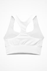 Womens white Gymplode longline sports bra with no print, back view