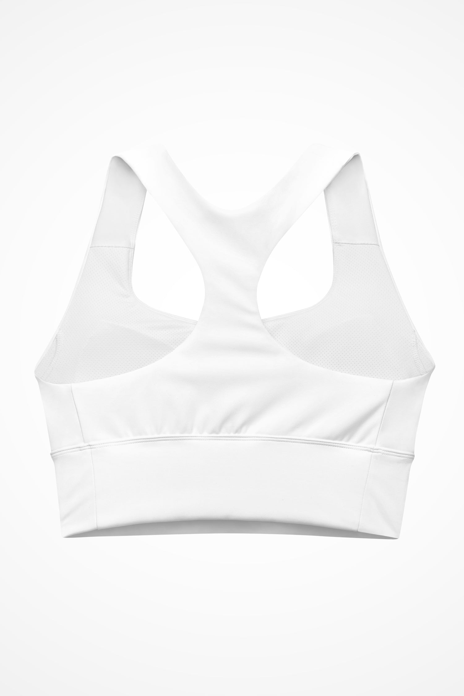 Womens white Gymplode longline sports bra with no print, back view