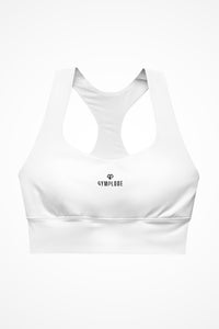 Womens white longline sports bra with Gymplode dual mark logo, front view