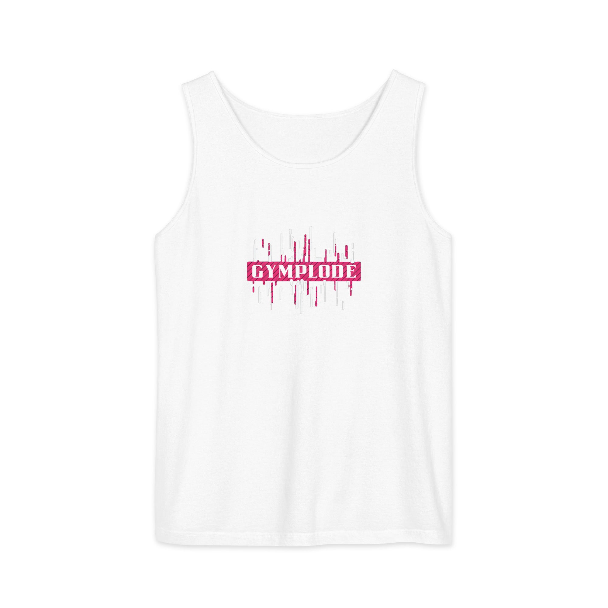 Womens white Prismatic relaxed fit tank top with Gymplode signature logo
