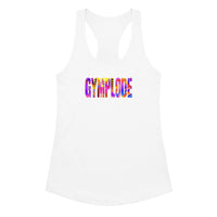 Womens white Retro girlie fit racerback tank top with Gymplode sig logo