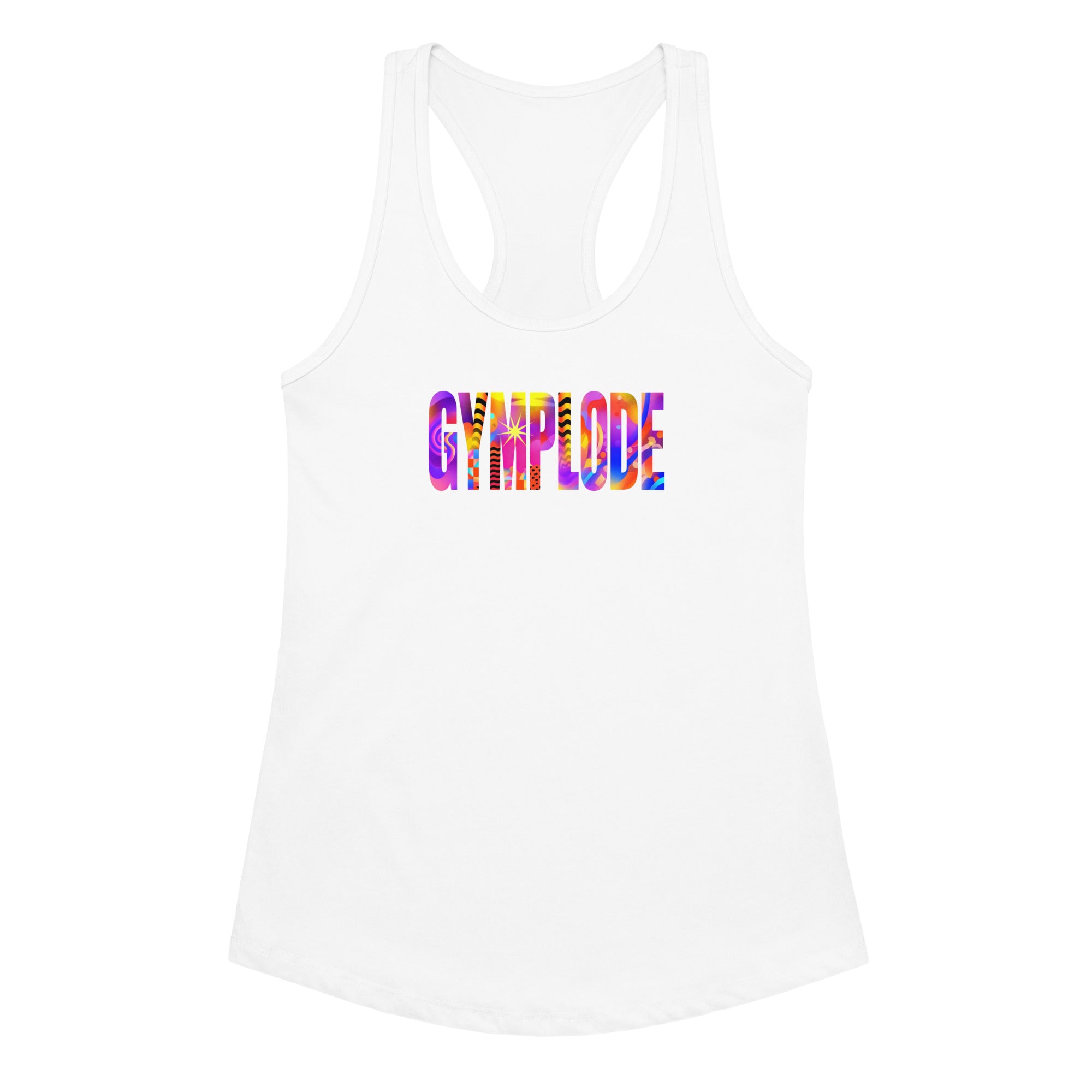 Womens white Retro girlie fit racerback tank top with Gymplode sig logo