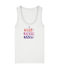 Womens white Self Love Club girlie fit tank top with Gymplode icon logo