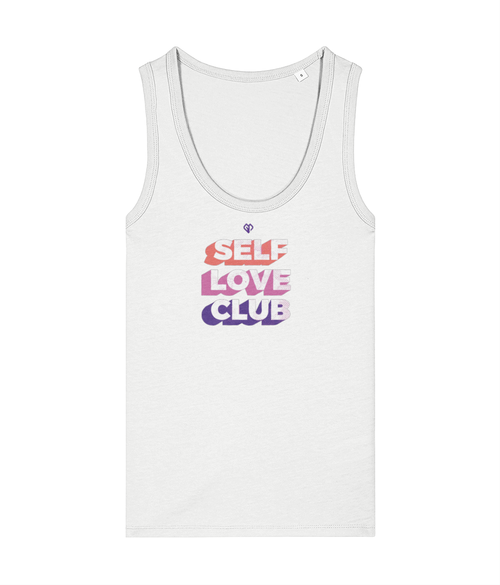 Womens white Self Love Club girlie fit tank top with Gymplode icon logo